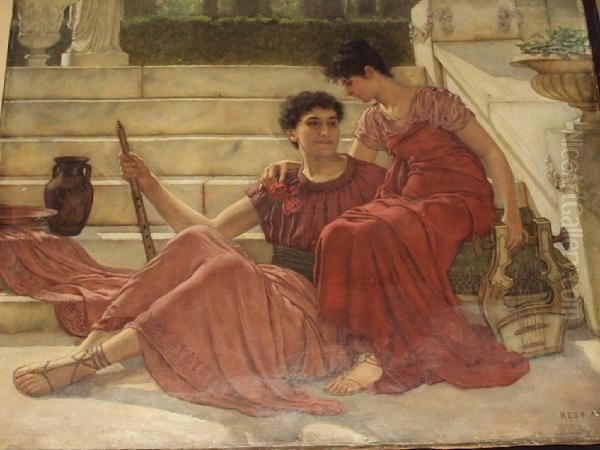 Two Classical Figures Seated On A Terrace Oil Painting by Reginald Ernest Arnold