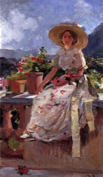 Sitting On The Balustrade Oil Painting by Paul Michel Dupuy