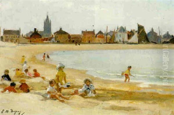 Children On A Beach, Petit Fort Philippe-pres Gravelines Oil Painting by Paul Michel Dupuy