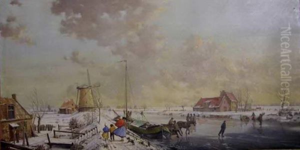 Skaters On A Frozen Lake Oil Painting by Reginald Ernest Arnold