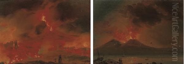 Travellers Before Vesuvius, The Eruption Of 1850 (+ Figures On The Bay Of Naples; 2 Works) Oil Painting by Gaetano Dura