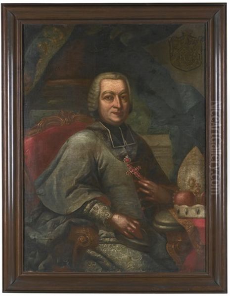 Portrait Of Franz Anton Freiherr Von Hausen Zu Gleichenstorff (d.1780), Seatedm In Choir Dress Holding Up A Pectoral Cross Of Precious Stones Oil Painting by Johann Baptist Durach