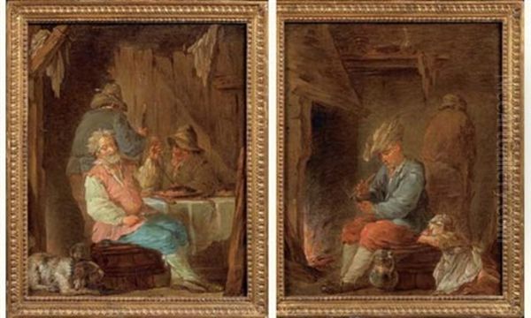 Scene D'auberge (+ Le Fumeur; 2 Works) Oil Painting by Louis Jean-Jacques Durameau