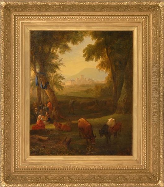 Cattle And Figures With A Castle And Mountains In The Background Oil Painting by Asher Brown Durand