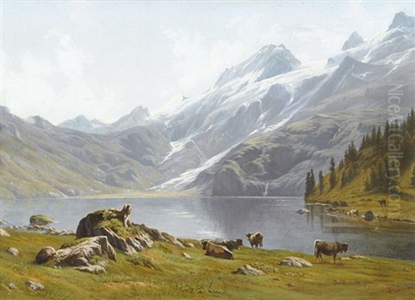 Der Engstlensee Mit Weidenden Kuhen Oil Painting by Louis Durand