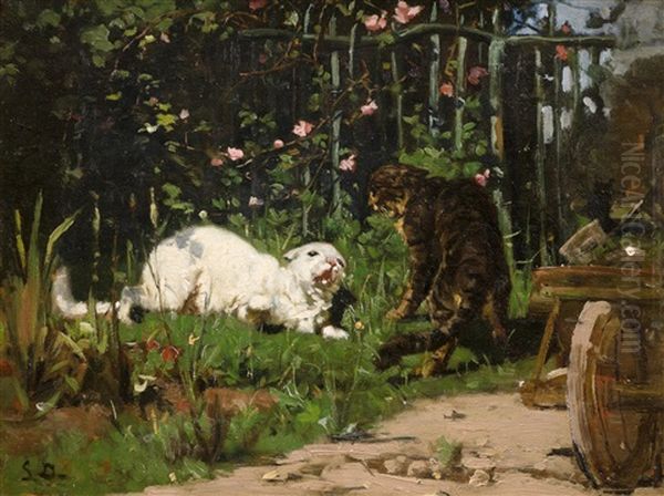 Zwei Streitende Katzen Im Bauerngarten Oil Painting by Simon Durand