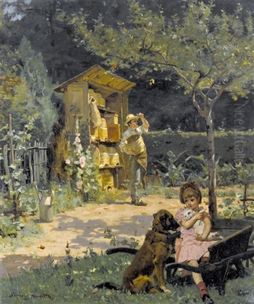 Garten Mit Imker Und Spielendem Madchen Oil Painting by Simon Durand