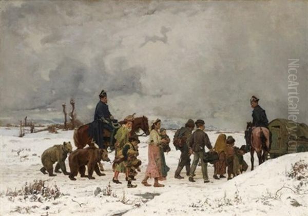 Paysage En Hiver Avec Saltimbanques, Ours Savantset Des Gendarme A Cheval Oil Painting by Simon Durand