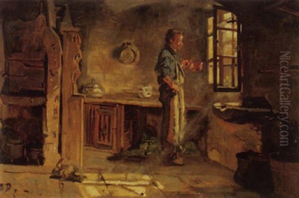 Mann Mit Kupferpfanne In Der Hand Bei Offenem Fenster Stehend Oil Painting by Simon Durand