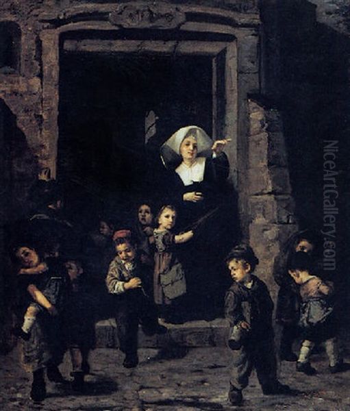 School Children With Nun Oil Painting by Simon Durand