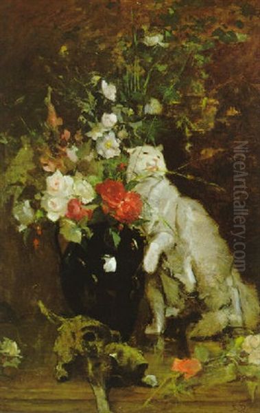 Blumen In Vase Mit Weiser Katze Oil Painting by Simon Durand