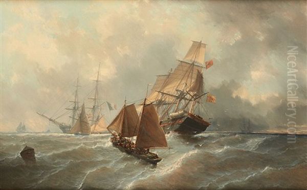 Marine Avec Trois-mats A La Gite Oil Painting by Jean Baptiste Henri Durand-Brager