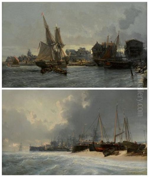 Port De Honfleur Port De Dunkerque (2 Works) Oil Painting by Jean Baptiste Henri Durand-Brager