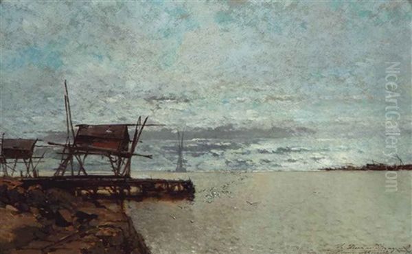 An Old Pier Oil Painting by Jean Baptiste Henri Durand-Brager