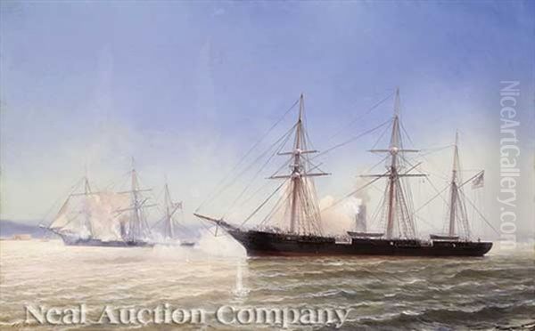 The Confederate Raider Alabama In Action With The Uss Kearsarge, June 19, 1864 Oil Painting by Jean Baptiste Henri Durand-Brager