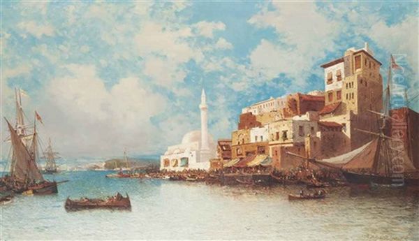 Eastern Harbour Oil Painting by Jean Baptiste Henri Durand-Brager