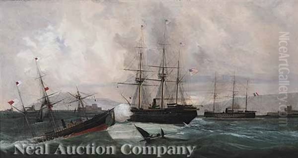 The Confederate Raider Alabama In Action With The Uss Kearsage, June 19, 1864 Oil Painting by Jean Baptiste Henri Durand-Brager