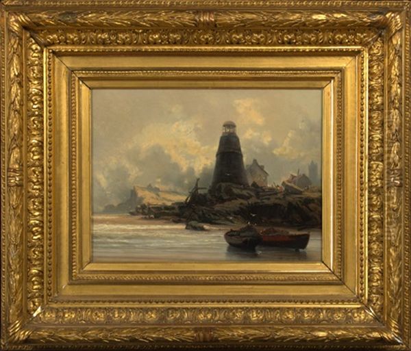 Lighthouse At Low Tide Oil Painting by Jean Baptiste Henri Durand-Brager