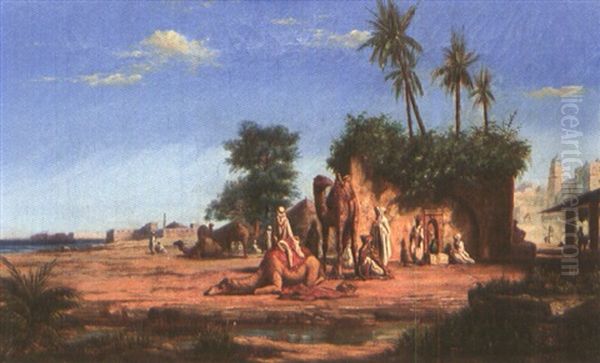 La Halte De La Caravane, Levant Oil Painting by Jean Baptiste Henri Durand-Brager