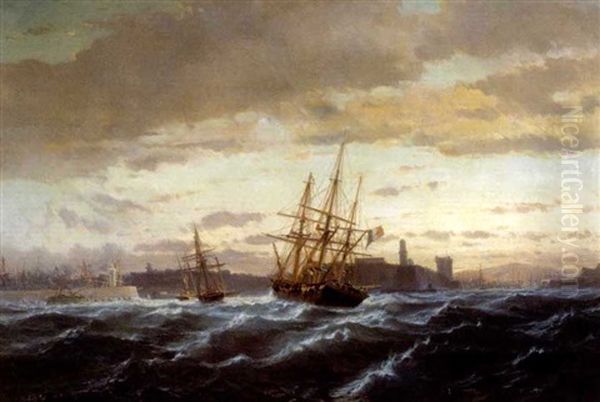 Navires Par Gros Temps A L'entree Du Port De Marseille Oil Painting by Jean Baptiste Henri Durand-Brager