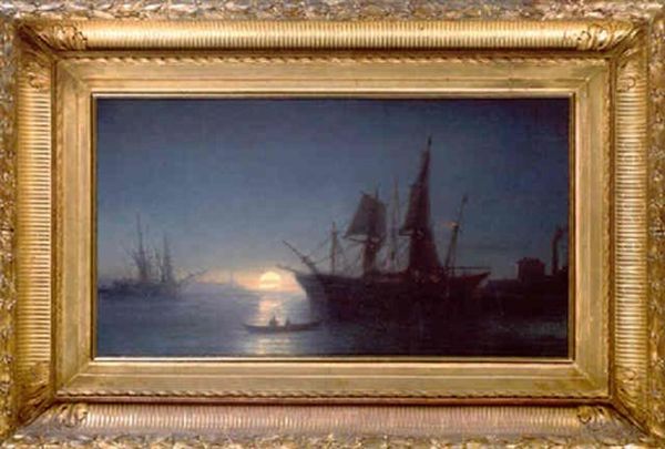 Segelschiffe Bei Mondschein Oil Painting by Jean Baptiste Henri Durand-Brager