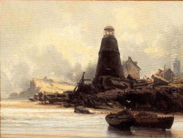 Lighthouse At Low Tide Oil Painting by Jean Baptiste Henri Durand-Brager