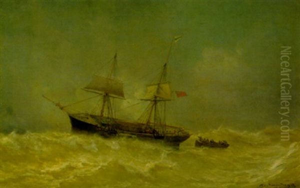 Englische Brigg Im Sturm Oil Painting by Jean Baptiste Henri Durand-Brager