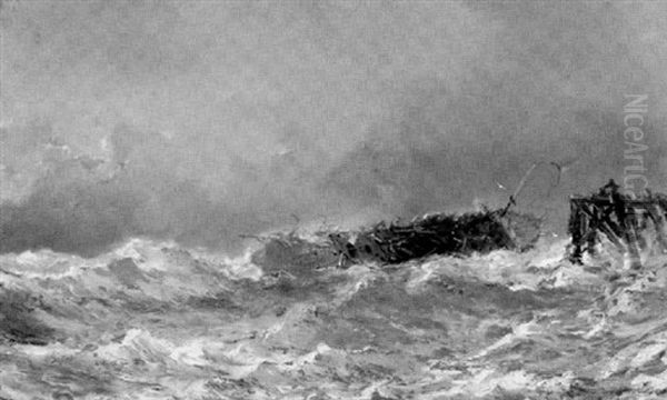 Foundering Ship Before A Quay Oil Painting by Jean Baptiste Henri Durand-Brager