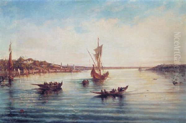 A View Of The Bosphorus With The Old Leandra Tower In The Background Oil Painting by Jean Baptiste Henri Durand-Brager