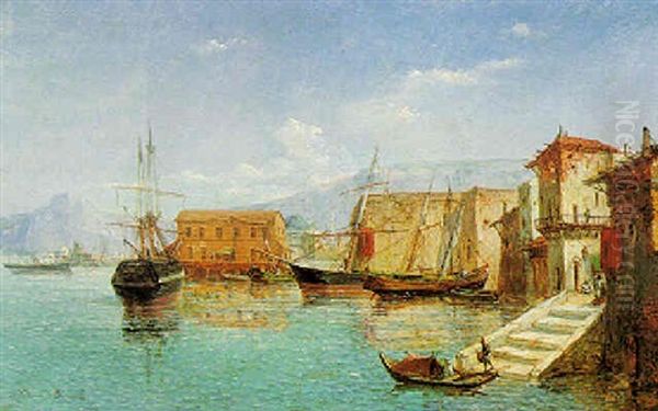 A North African Harbour Oil Painting by Jean Baptiste Henri Durand-Brager