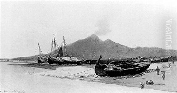 Bateaux De Peche Sur La Plage, Au Pied Du Vesuve Oil Painting by Jean Baptiste Henri Durand-Brager