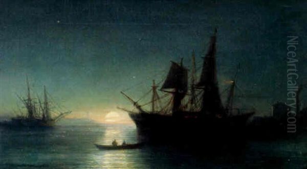 Grands Voiliers Et Barque Au Port Au Clair De Lune Oil Painting by Jean Baptiste Henri Durand-Brager