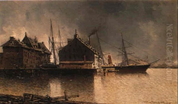 Vue Portuaire Animee Oil Painting by Jean Baptiste Henri Durand-Brager