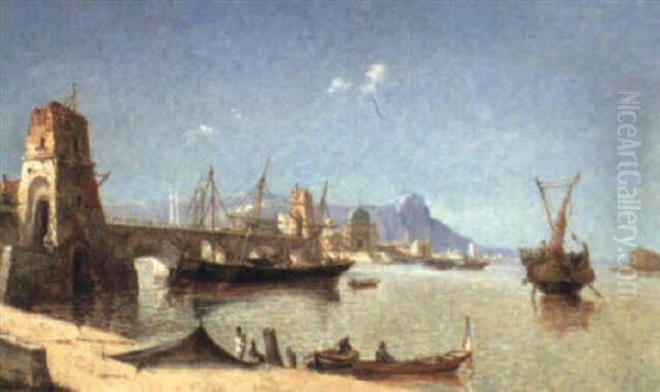 Turkish Harbour Oil Painting by Jean Baptiste Henri Durand-Brager