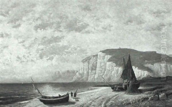 Figures With Boats Along The Shore Oil Painting by Jean Baptiste Henri Durand-Brager