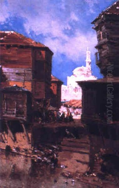 A Turkish Town Oil Painting by Jean Baptiste Henri Durand-Brager