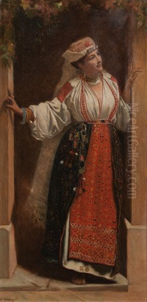 Jeune Orientale Sur Le Seuil De Sa Maison Oil Painting by Leopold Durangel