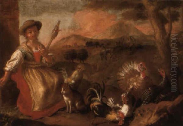 A Peasant Woman Spinning With A Cat And Poultry In An Italianate Landscape Oil Painting by Giorgio (Count) Durante