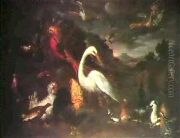 Guepier D'europe, Martin-pecheur, Courlis Cendre,           Grives Draines Dans Le Ciel, Coq Et Poule, Faisan Dore... Oil Painting by Giorgio (Count) Durante