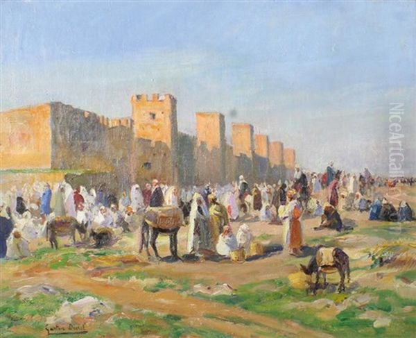 Marche Devant Les Remparts De Marrakech Oil Painting by Gaston Jules Louis Durel