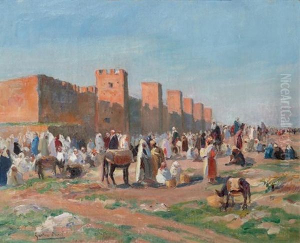 Scene De Marche Devant Les Remparts De Marrakech Oil Painting by Gaston Jules Louis Durel