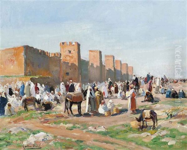 A Market Outside The City Walls, Marrakech Oil Painting by Gaston Jules Louis Durel