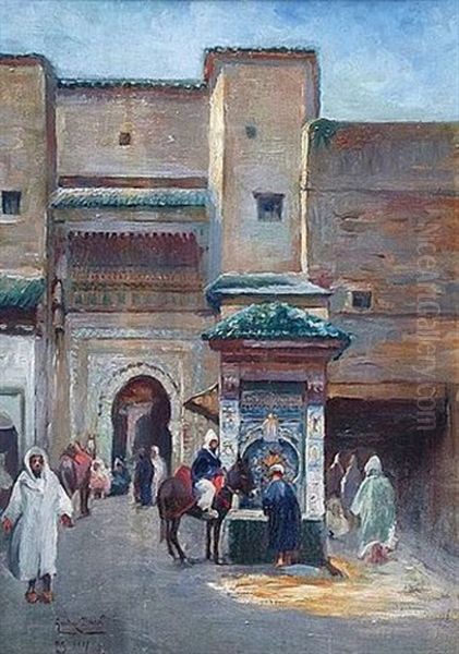 La Fontaine De Nezzarine A Fes Oil Painting by Gaston Jules Louis Durel