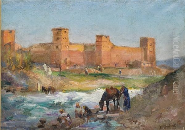 Femmes Lavant Leur Linge Devant La Kasbah Oil Painting by Gaston Jules Louis Durel