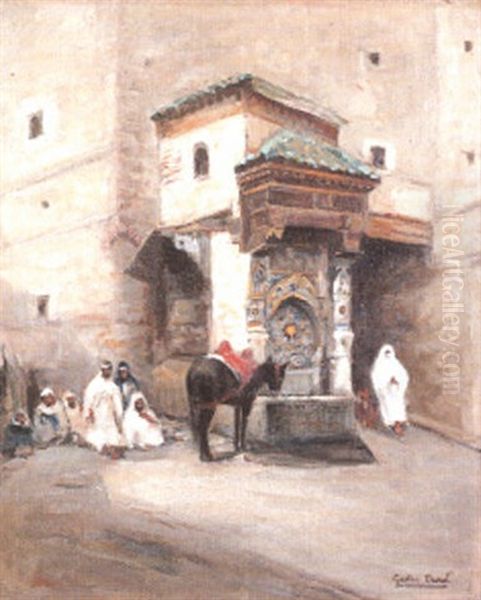 La Fontaine Nedjarine A Fes Oil Painting by Gaston Jules Louis Durel