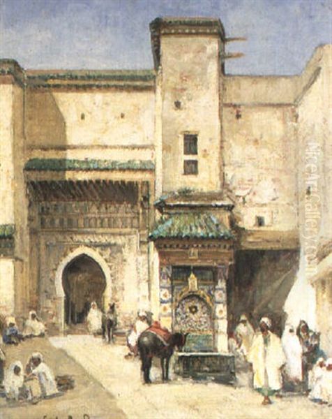 Le Foudouk Et La Fontaine Nejarine, Fes Oil Painting by Gaston Jules Louis Durel