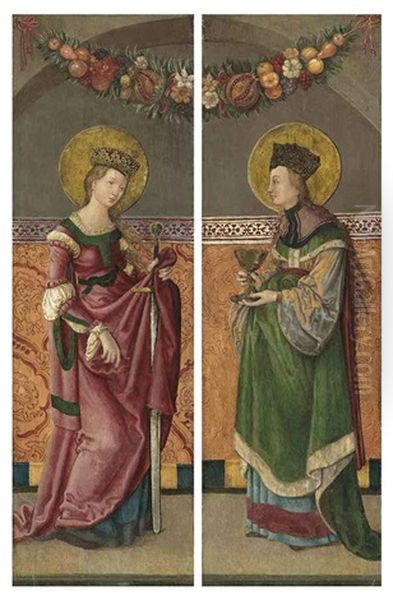 Saint Catherine Of Alexandria (+ Saint Barbara; 2 Works, The Outer Wings Of A Triptych) Oil Painting by Hans Jean Duerer