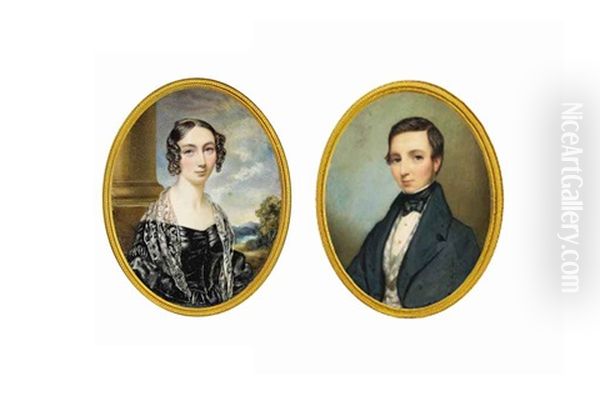 A Pair Of Portraits Of Mrs S. Rowe, Nee Eliza J. Bennett, In Black Dress, White Lace Shawl, Pillar And Landscape Background, And Her Husband Skinner Rowe, In Blue Coat Oil Painting by Cornelius Beavis Durham