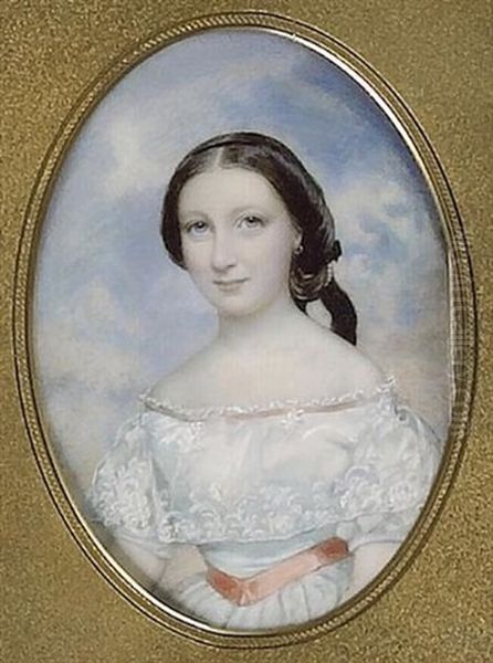 A Lady, Wearing White Dress With Coral Pink Waistband, The Lace Collar Trimmed With Matching Ribbon Oil Painting by Cornelius Beavis Durham