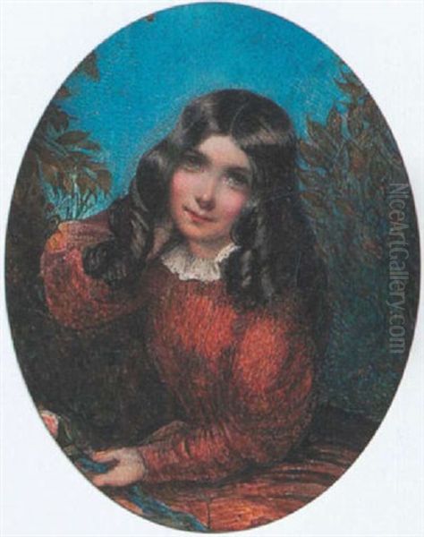 A Young Girl With Hazel Eyes And Long Dark Curled Hair, Wearing Rust-colored Dress With White Collar, She Holds A Pink Rose And Blue Ribbon In Her Left Hand Oil Painting by Cornelius Beavis Durham